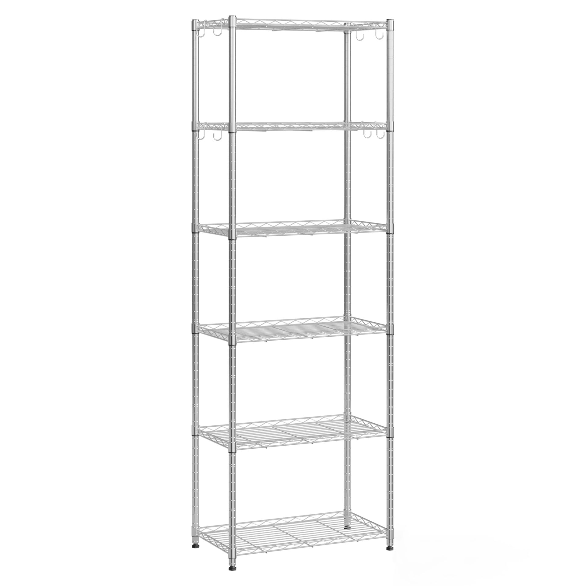 Mondeer Scaffale, Scaffale Portaoggetti in Metallo, 6 Livelli, con 8 Ganci, Regolabile in Altezza, Utilizzabile in Cucina,Bagno,Soggiorno, Balcone, Argento