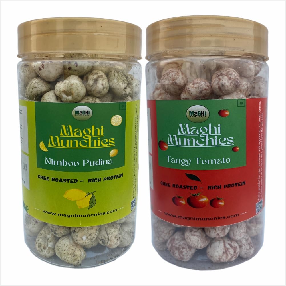 Maghi Munchies Roasted Flavored Makhana lotus seeds Pure Ghee Popped Makhana Snacks Puffed Kernels Fresh Fox Nuts, Ready to Eat 100gm (Nimboo Pudina & Tangy Tomato) (B0D87GJWQ8) Amazon Price History, Amazon Price Tracker