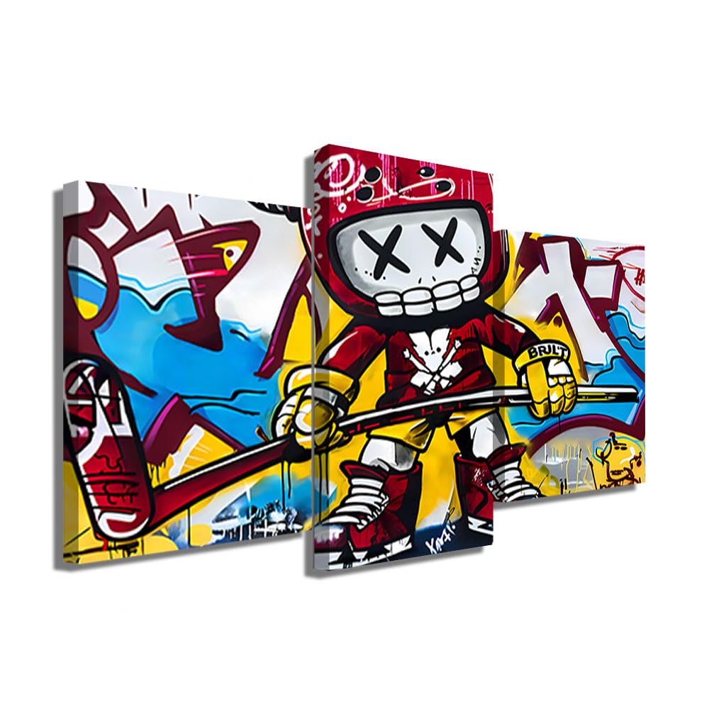 Quadro Street Art Xxl con cornice - Stampa su tela graffiti - Poster decorativo da parete per 3 - Quadro trittico da parete moderno, tela pop art grande formato (100 x 75 cm +2 x 80 x 60 cm)