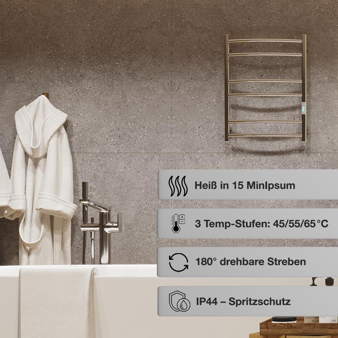 Elegancki grzejnik na ręczniki ze stali nierdzewnej 304 – elektryczny, 625 x 480 mm, 84 W, z termostatem i timerem – designerski grzejnik do łazienki – montaż na ścianie – IP44