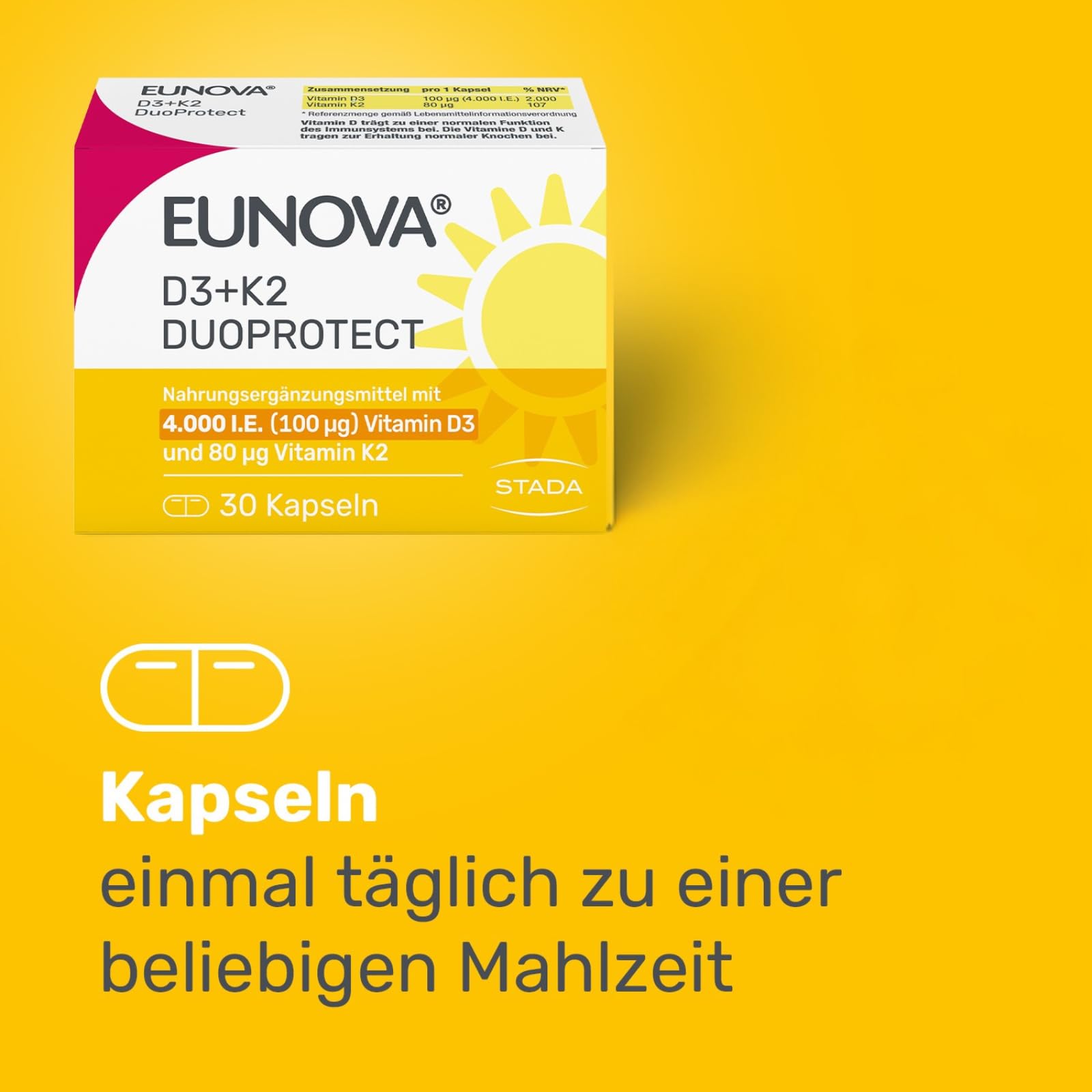 EUNOVA D3+K2 DuoProtect 4000 I.E., hochdosiertes Vitamin D3 & K2, 2x 90 St.