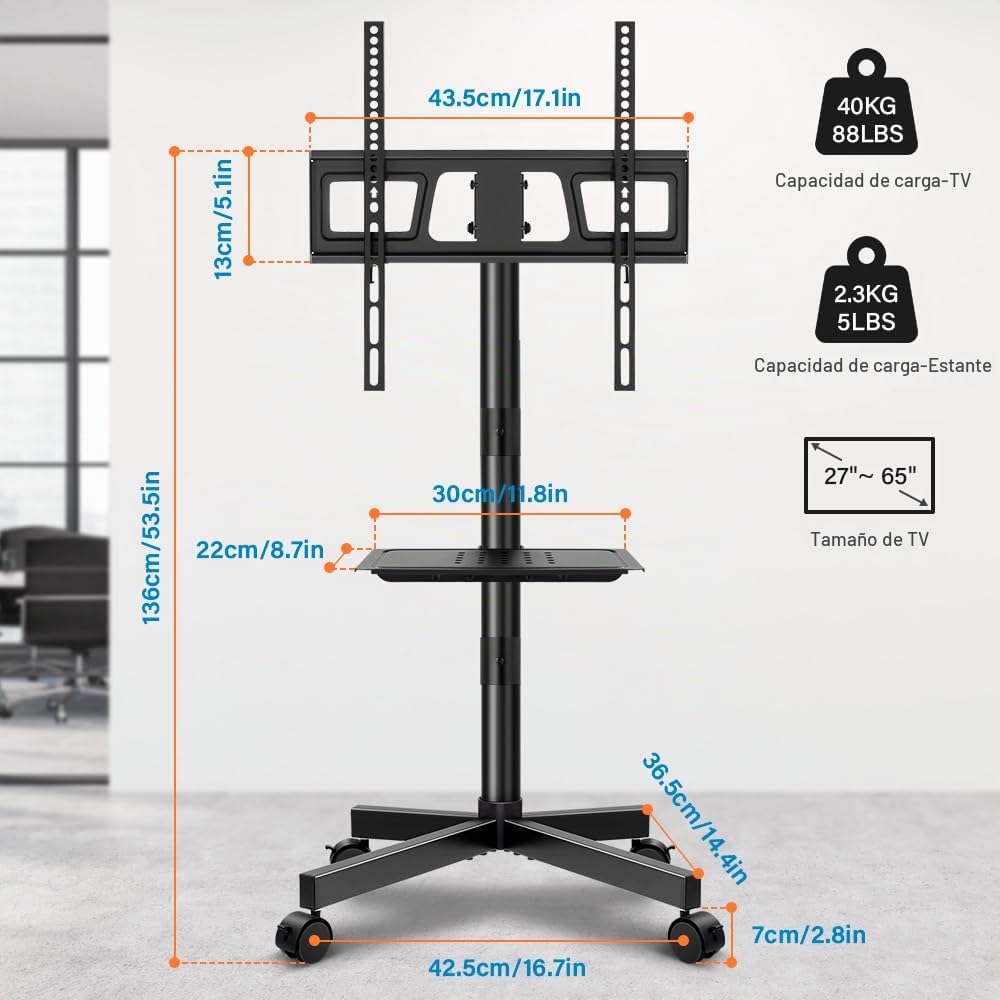 KKTONER Móvil Soporte de TV para 23-60 Pulgadas, Soporte de Piso con Ruedas, Altura Ajustable, para Televisores de hasta 40 kg