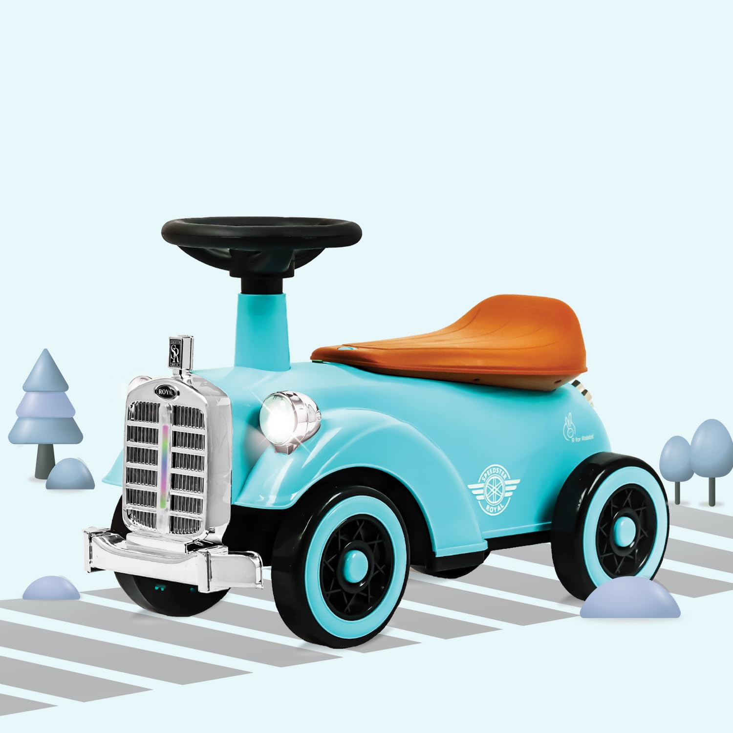 R for Rabbit Speedster Royal Ride on Car for Kids, Baby Vintage Looks Stylish Ride Car with LED Light & Horn Boys Girls Age 1-4 Years, Weight Capacity Up to 20Kgs (Blue Brown)-image-19
