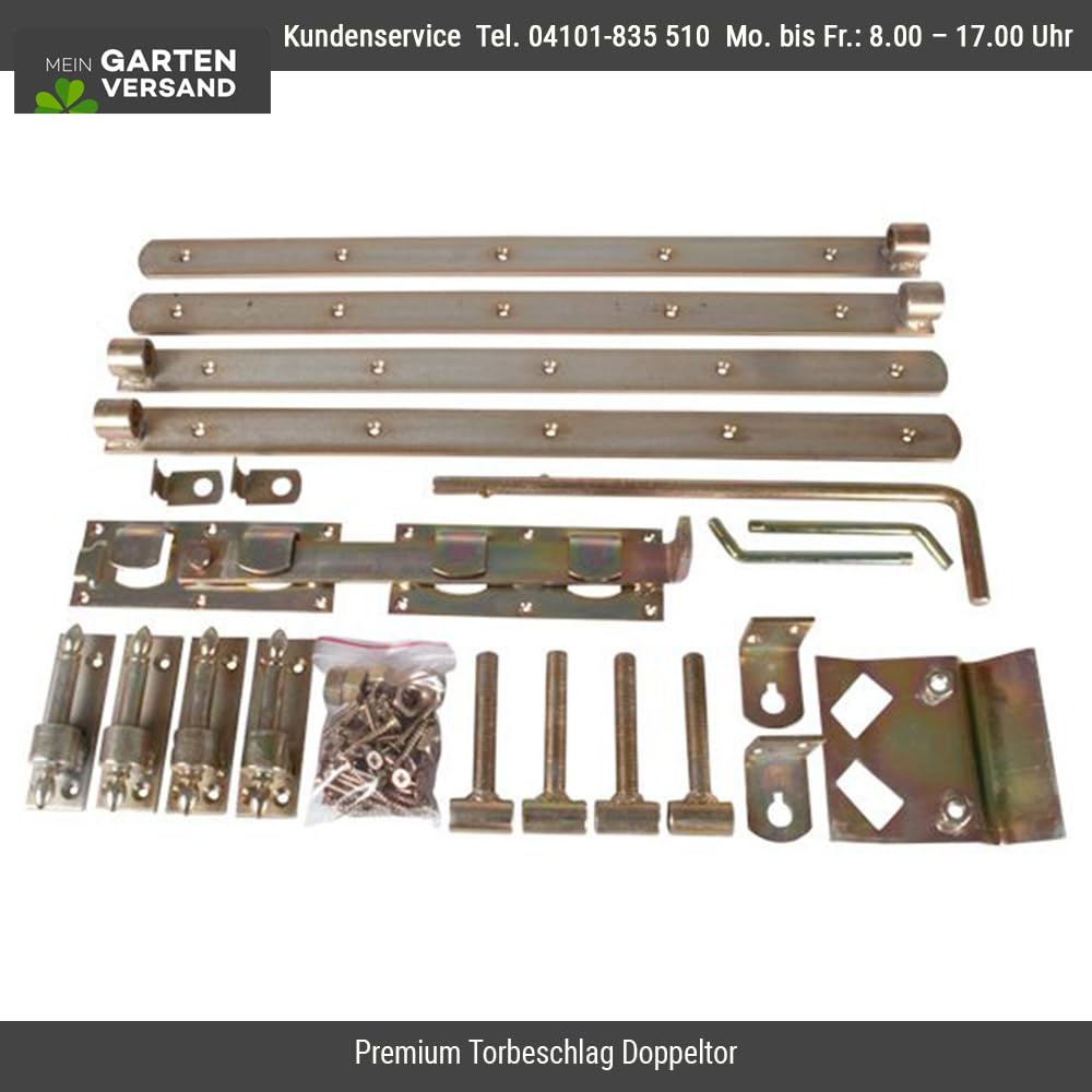 Premium Torbeschlag Doppeltor | verstellbar | für zweiflügelige Tore | aus Stahl, gelb verzinkt | inkl. Ladenbänder, Kloben, Überwurfriegel, Torfeststeller, Auflaufblock und Montagematerial
