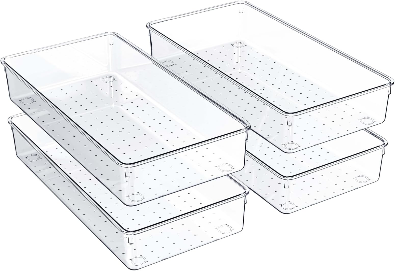 4 Pack Kitchen Drawer Organiser, Large Clear Drawer Storage Tray with Non-Slip Pads, Plastic Drawer Dividers for Cosmetics, Tools, Kitchen, Bathroom, and Office.
