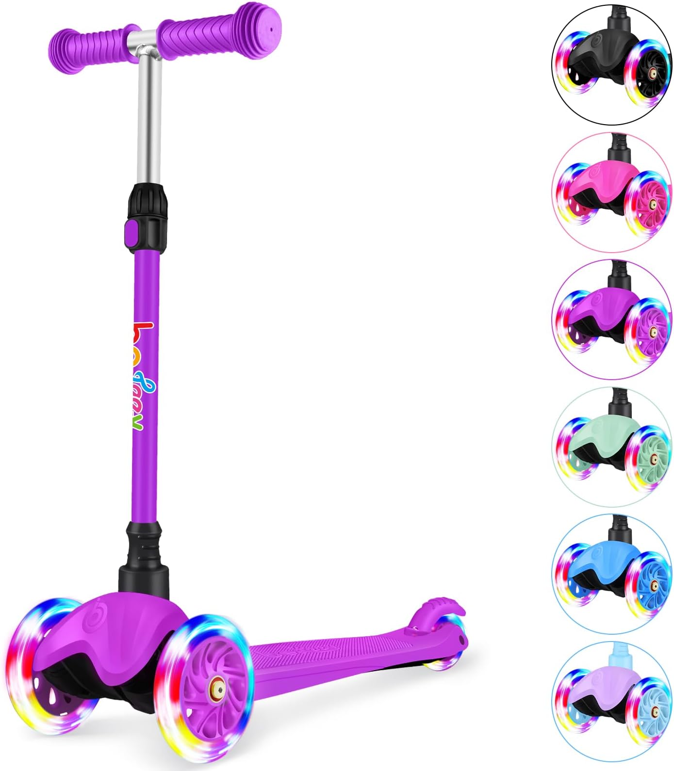 BELEEV 3-Wheel Scooter for Kids Age 2-6, Adjustable Height, Lean to Steer, Light Up Wheels, Extra-Wide Deck
