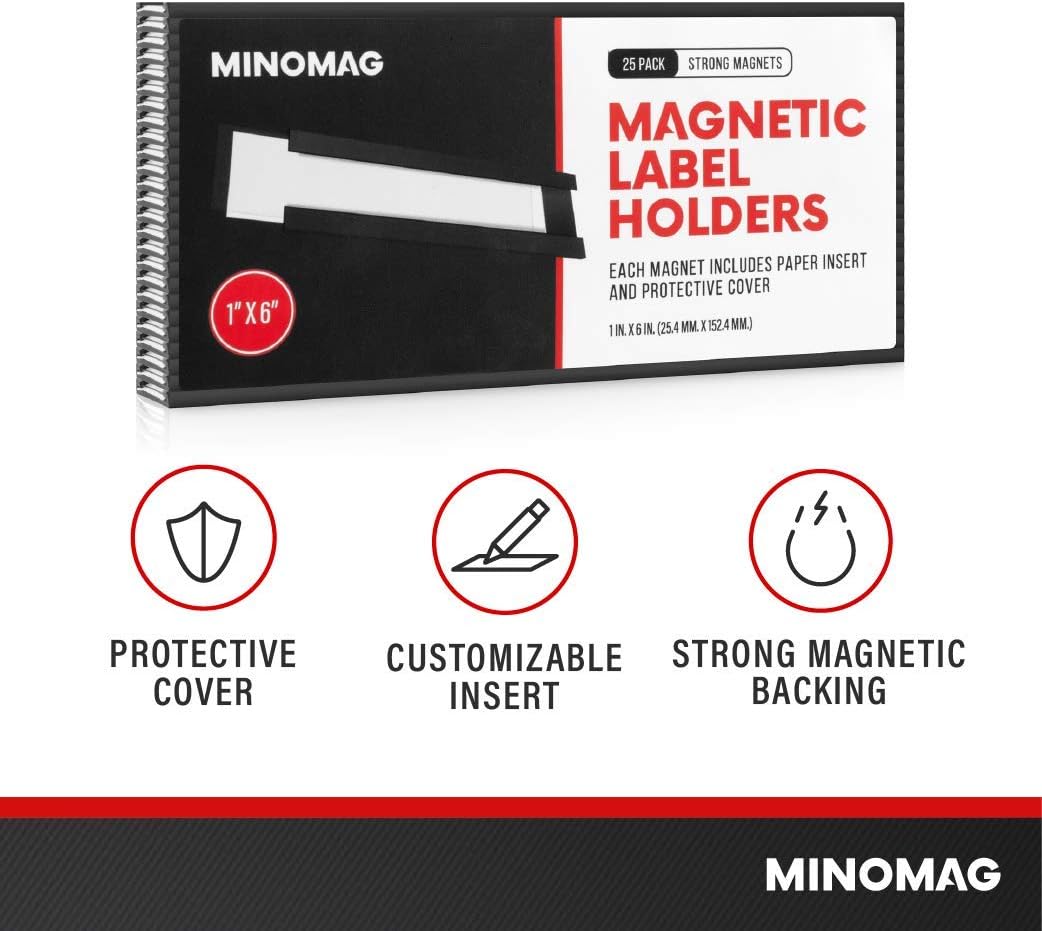 Minomag Magnetic Label Holders 3x5 Inches (25 Count) | Full Set of Slot Loading Data Card Holders for Metal Shelf, Whiteboard : Office Products