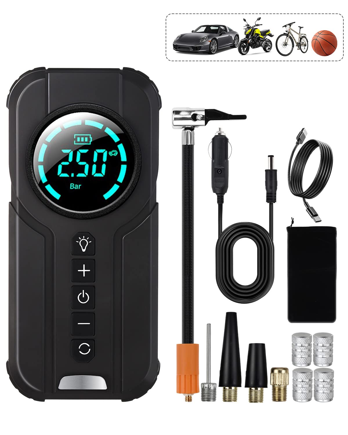 VICKSONGS Elektryczna pompka rowerowa, 7200 mAh, sprężarka rowerowa, 180 psi, do samochodu, roweru, motocykla, koszykówki