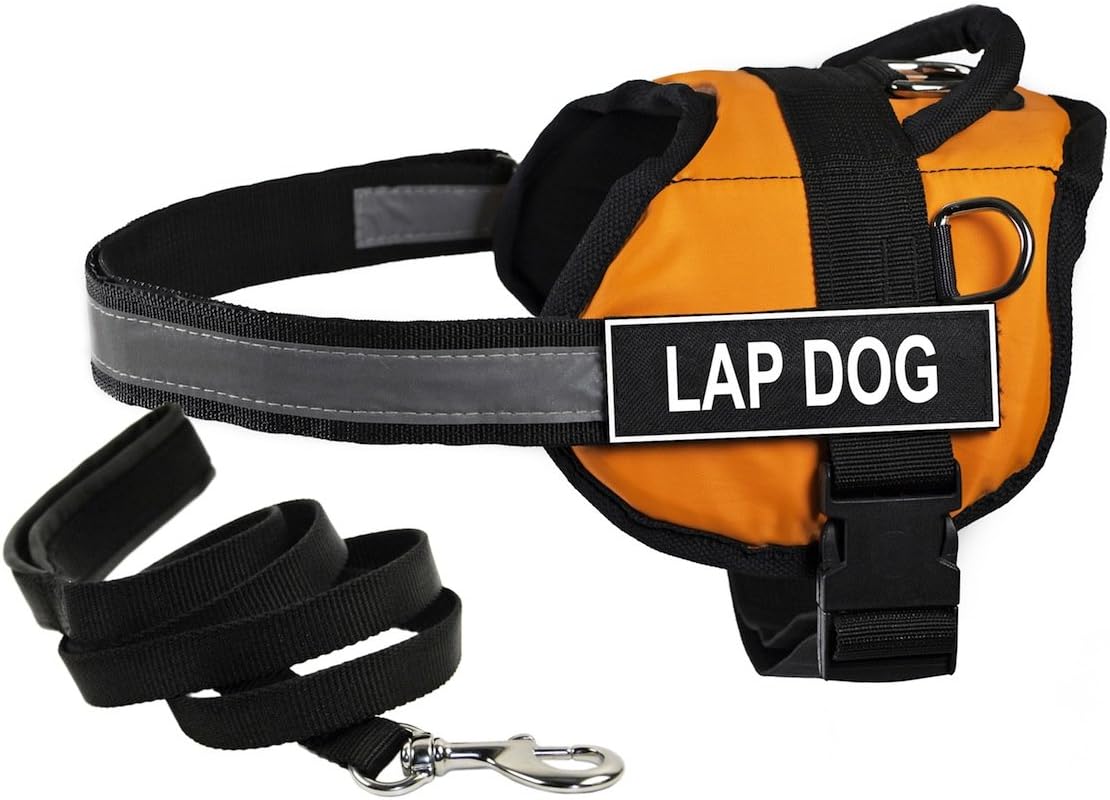 Dean & Tyler Bundle 21 to 26-Inch Orange Lap Dog "DT Works" Harness with Black "Padded Puppy" Leash and 6-Feet Stainless Steel Snap