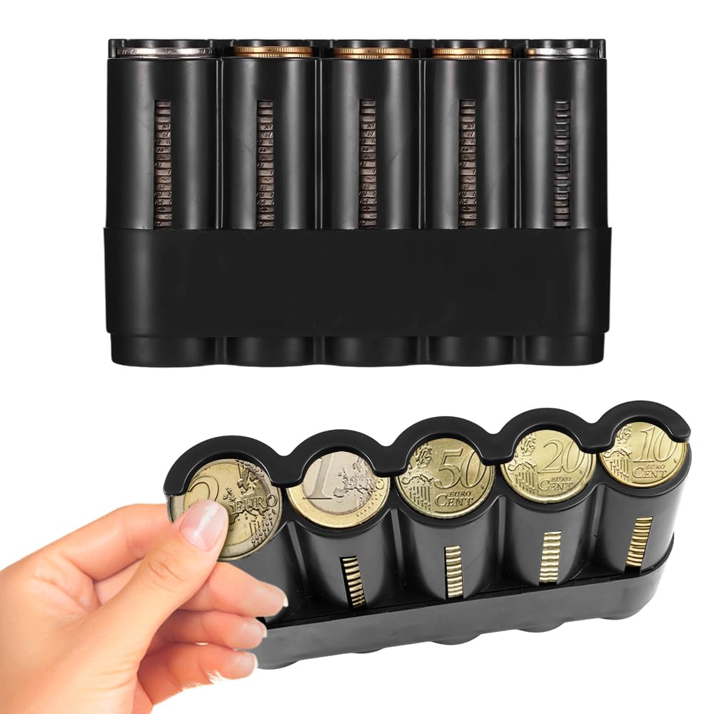 GXGM Monnayeur Pièces Euro 2 Pièces – Distributeur Automatique Portable En Plastique Durable, Idéal Pour Chauffeurs Taxi, Vendeurs Et Caissiers (Noir & Transparent)