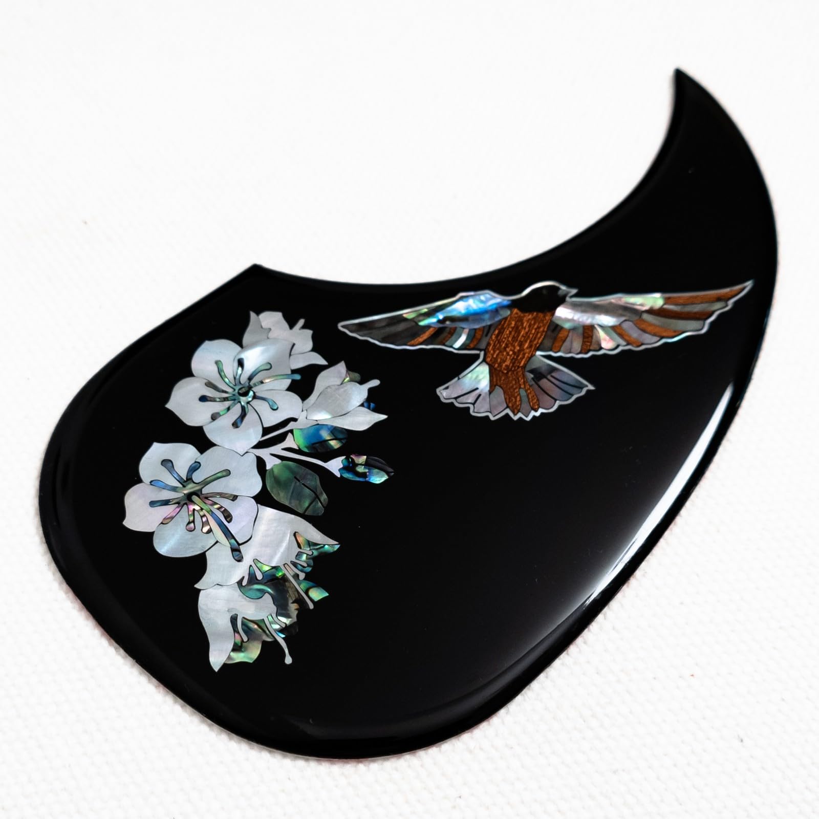 Pickguard do gitary akustycznej do Martin D45 Style 102-106 cm, dreadnought, prawdziwy ptak Abalone i kwiatowa wkładka, samoprzylepna osłona chroniąca przed zarysowaniem, czarna