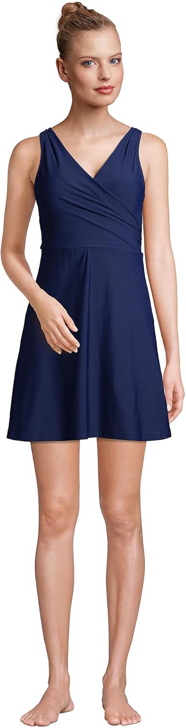 Lands' End Women's Tummy Control Surplice Wrap Swim Dress One Piece Swimsuit