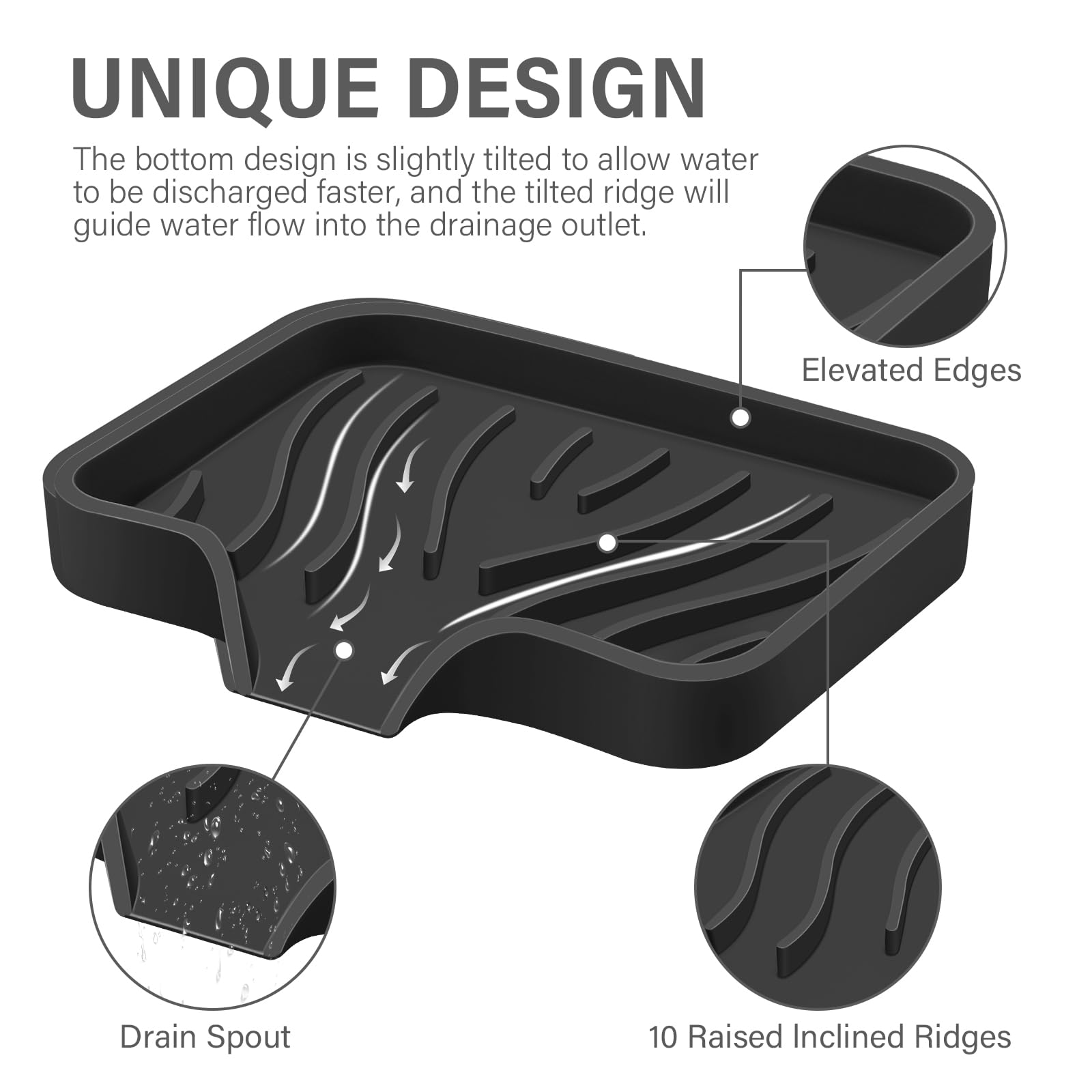 Silicone Soap Dish with Drain, SAISN Kitchen Soap Tray for Shower 2 Pack Self Draining Soap Dish Soft Bathroom Soap Holder for Kitchen Sink Flexible Portable Soap Saver (Black) - Image 2
