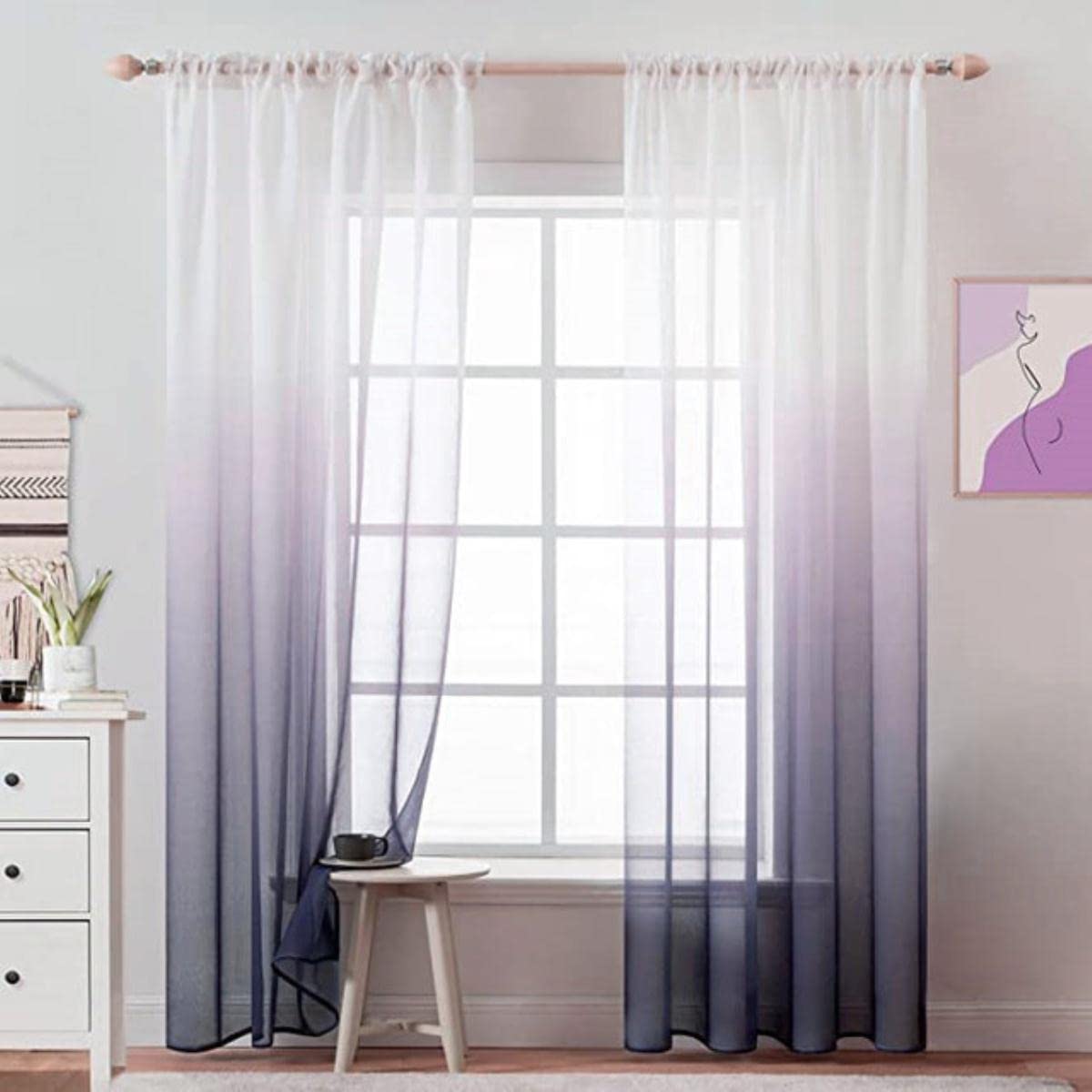 Faux Lin Sheer Gradient Rideaux Voile Grommet Semi Sheer Rideaux pour Chambre Salon Gris Noir Dégradé-Gris Violet,W500xL260cm 1PC,Pull plissé Tape