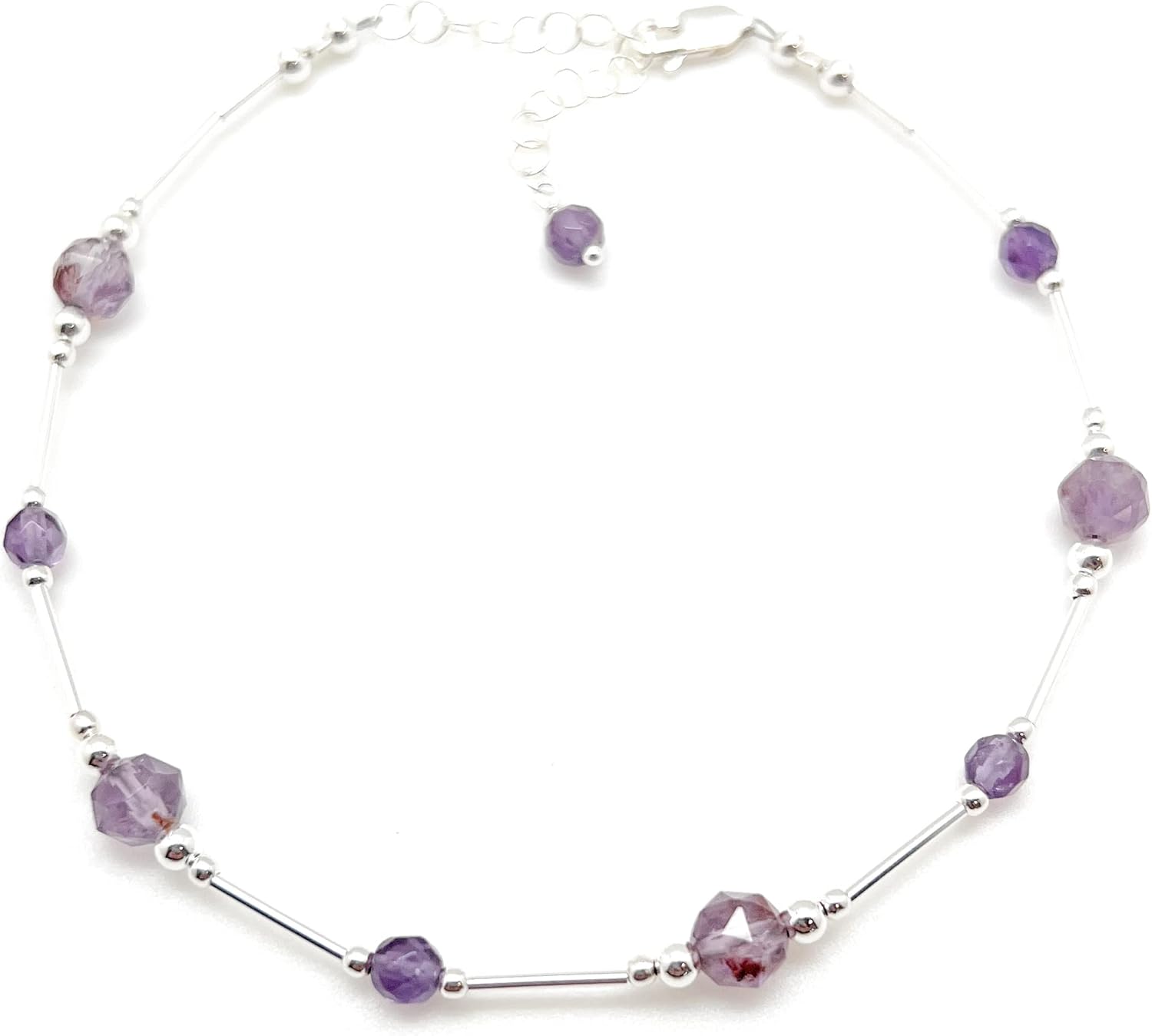 Handmade Seven Anklet Amethyst Sterling Silver Anklets for Women - Adjustable Amethyst Anklet for Women - Perfect Beach Anklet Cacoxenite Melody Stone and Gift for Her…