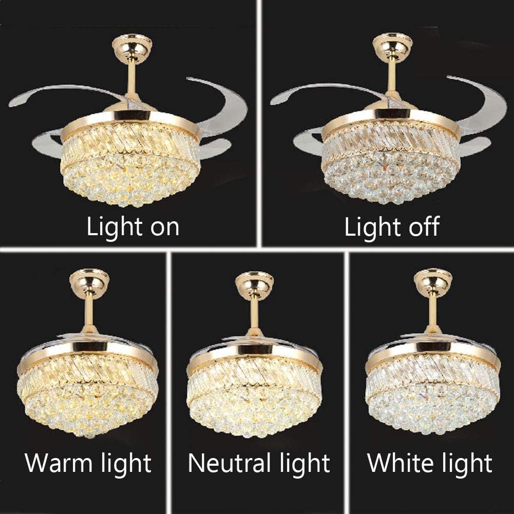 42 Inch Retractable Reversible Ceiling Fan Chandelier with Romote Control LED Light, Invisible Ceiling Fan for Living Room Bedroom, Indoor Crystal Ceiling Light Kits with Fans (Gold)