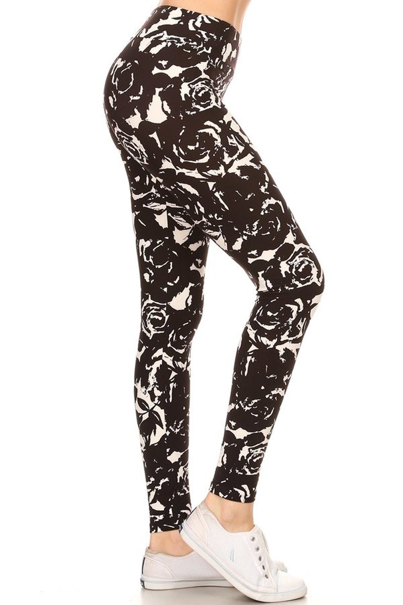 Leggings Depot Women's High Waisted Yoga Leggings – Soft, Stretchy Butter Knit With Black Floral Print