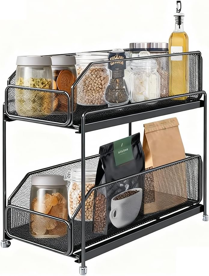 2-Tier Extendable Closet Organiser Baskets, Mesh Sliding Drawers, Extendable Storage Rack, Pull-Out Cabinets Under Sink, for Pantry and (Black)