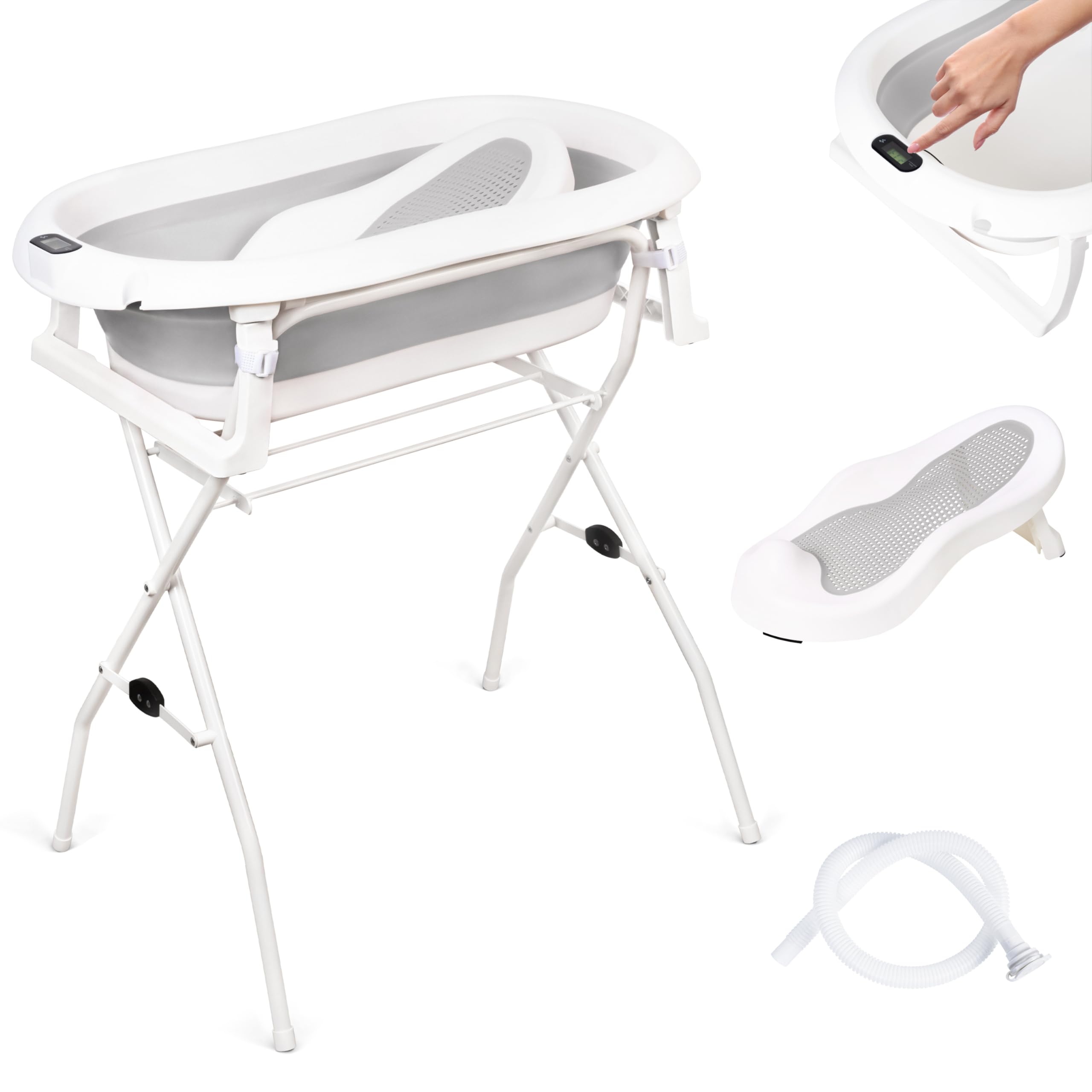 Baignoire bébé pliable 80 cm grise avec thermomètre siège de bain drainage