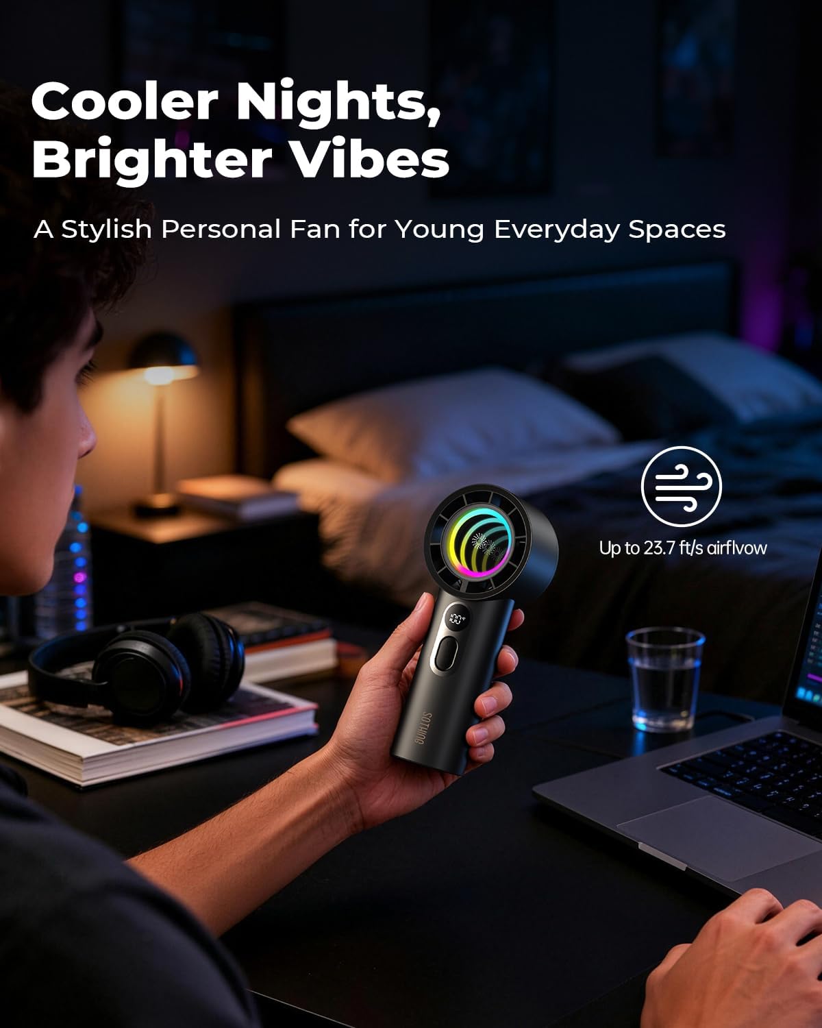 SOTHING Portable Handheld Fan with Dynamic RGB Light, Small Rechargeable Personal Fan, 1-100 Speeds, Up to 23.7 ft/s Airflow, Up to 12H Runtime, 7-Blade Quiet Fan with Digital Display