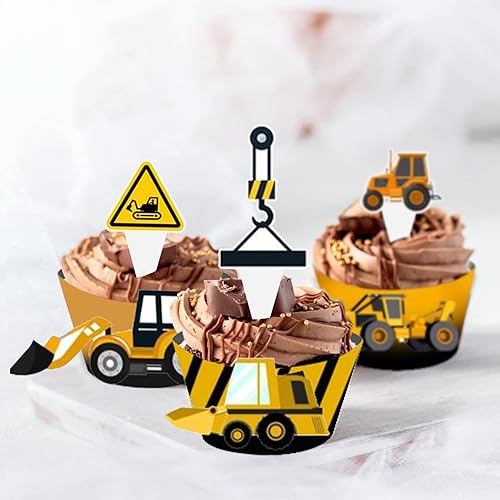 Miniatura 7 de Juego de 28 piezas de decoración para cupcakes y envoltorios para niños, camión excavador, carretilla elevadora, tractor, excavadora de automóvil,