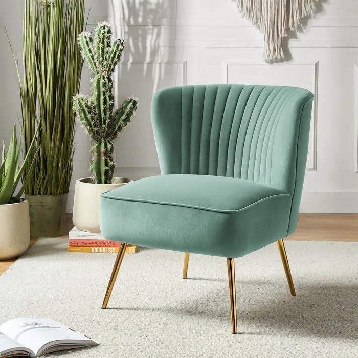 Image of Modern Upholstered Accent Velvet Chair Single Seater Channel Tufted Wing Back Chair with Golden Matel Legs for Living Room, Bedroom, Dining Room, Saga