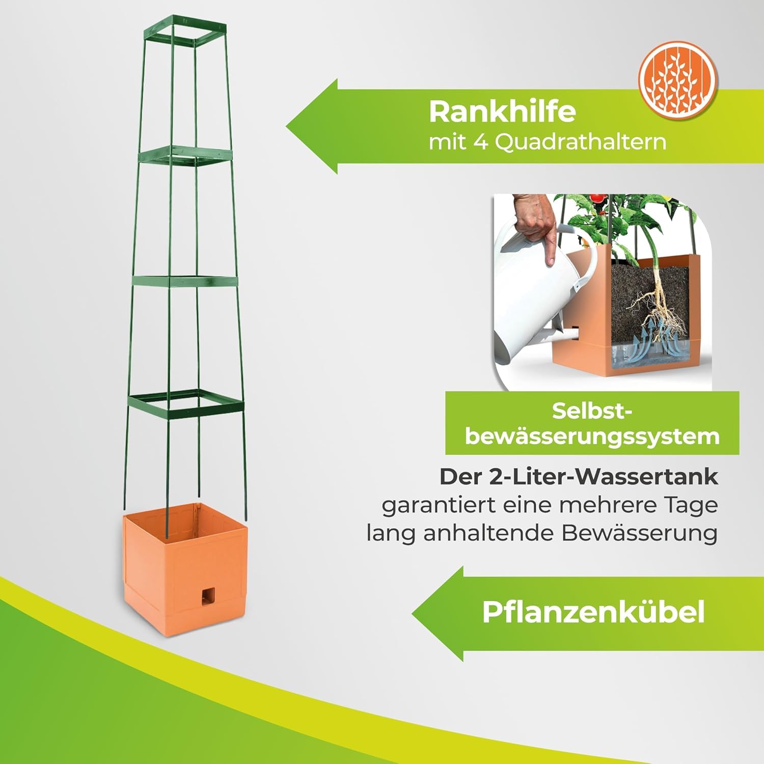 BioGreen Pflanzen-Aufzucht-Turm „Maxitom“ 3er-Set mit Rankhilfe und 2-Liter-Wasserspeicher | 16 Liter Fassungsvermögen | 150 cm Höhe | Farbe: Terracotta