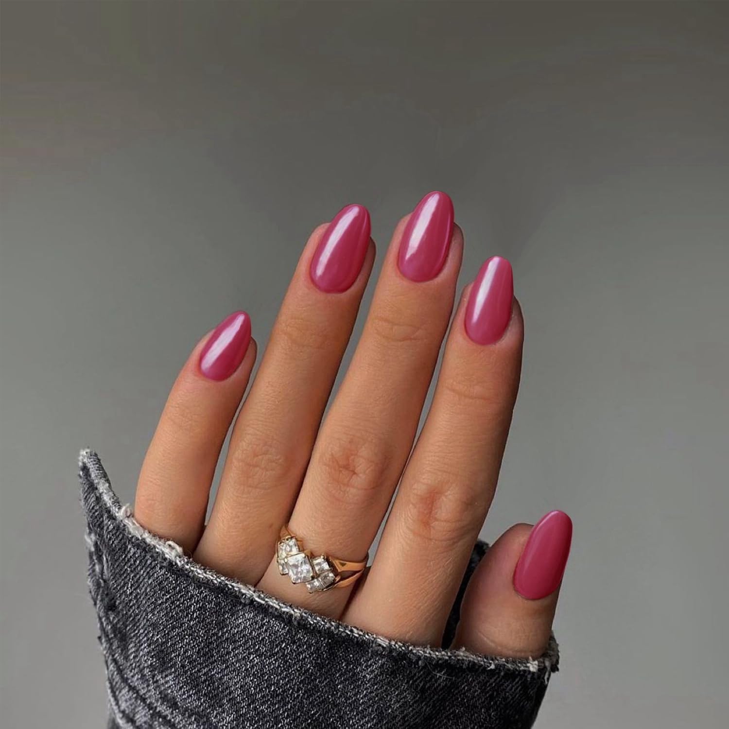 KQueenest Chrome Hot Pink Press on Nails Medium Glazed Glitter False Nails Almond Medium - Image 2
