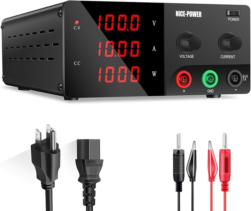 NICE-POWER Fuente de alimentación CC variable 100 V 10 A 1000 W, fuente de alimentación de sobremesa de alta potencia con codificador regulador de voltaje de conmutación ajustable, fuente de alimentación de laboratorio de sobremesa con ventilador inteligente incorporado