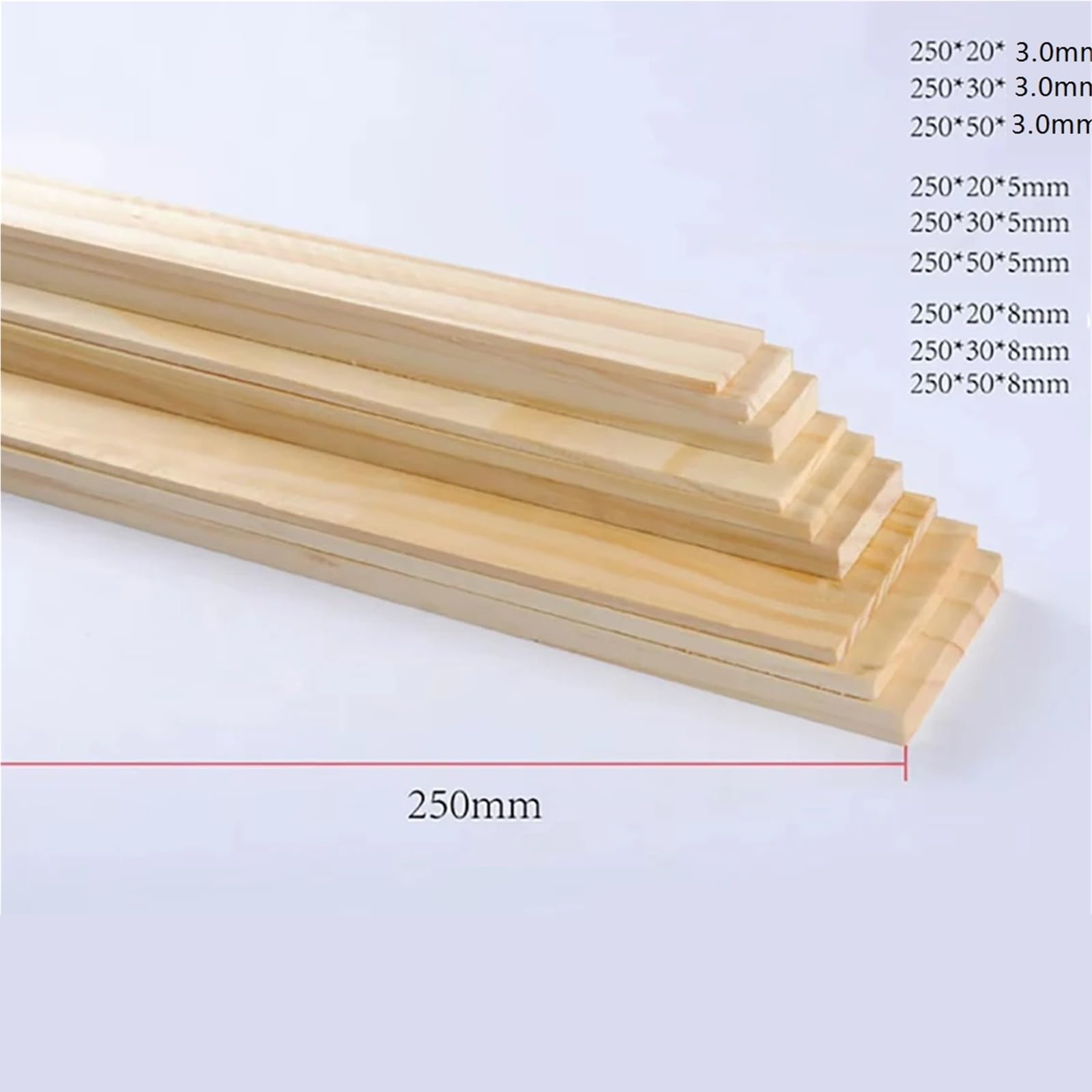 Palitos Helado Para Manualidades 20 tiras de madera rectangulares de 3/5/8 mm de grosor, tablero de pino macizo, material for modelismo DIY, manualidades, decoración, piezas.(250x50x5mm)