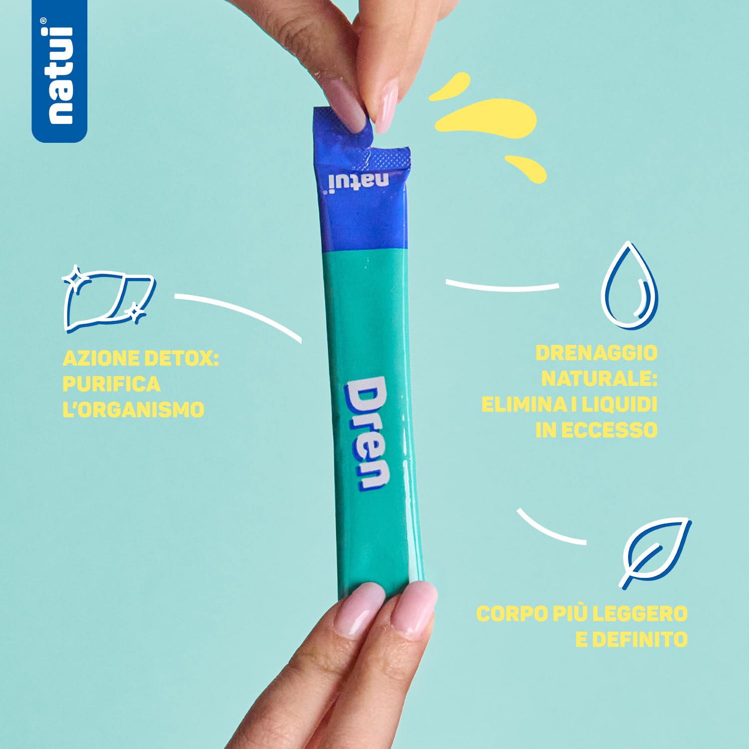 Natui Dren - Integratore Drenante Forte e Diuretico Naturale per Ritenzione Idrica, Detox e Azione Anticellulite – Con Pilosella, Equiseto e Betulla - Gusto Arancia - Senza Glutine – 30 Stick da 15 ml