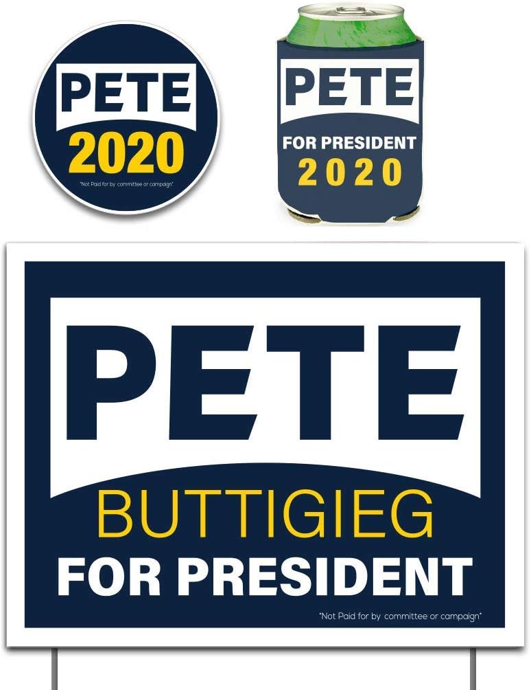 Pete Buttigieg 2020 Bundle, Includes 11 Inch x 14 Inch Yard Sign with Stakes, Pete Buttigieg 2020 Can Cooler and Pete 2020 Car Decal
