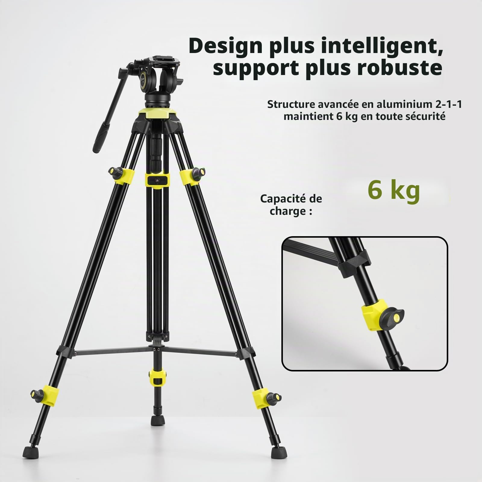 Cayer BV01 Trépied Video Compact avec Tête Fluide - 65" (165 cm) Léger en Aluminium pour Voyage, Tête 360°, Plaque Rapide et Charge Maxi 13.2 LB pour Reflex, Caméscope, Caméra