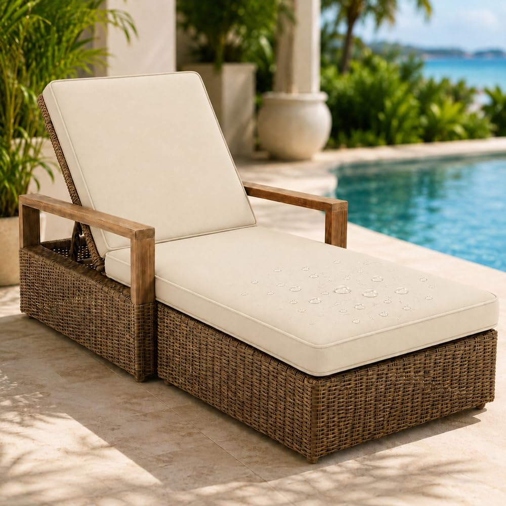 AZMAHT Sun Lounger Cushion Replacement Cushions Only, Waterproof 2 Section Lounger Cushion with Removable Cover, Anti-Slip Pad with 6 Straps for Garden Sunbed,Cream,203x66x8cm