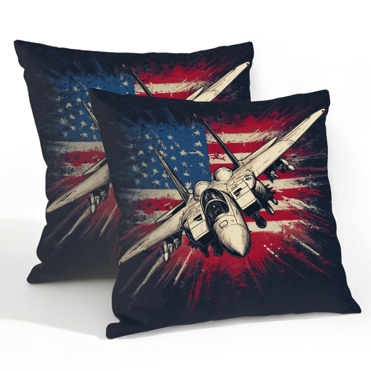 Outdoor Pillow Covers Waterproof Pillowcases 22x22in Set of 2 USA Flag Fighter Jet Decorative Throw Cushion Case for Couch Sofa Garden Patio Furniture