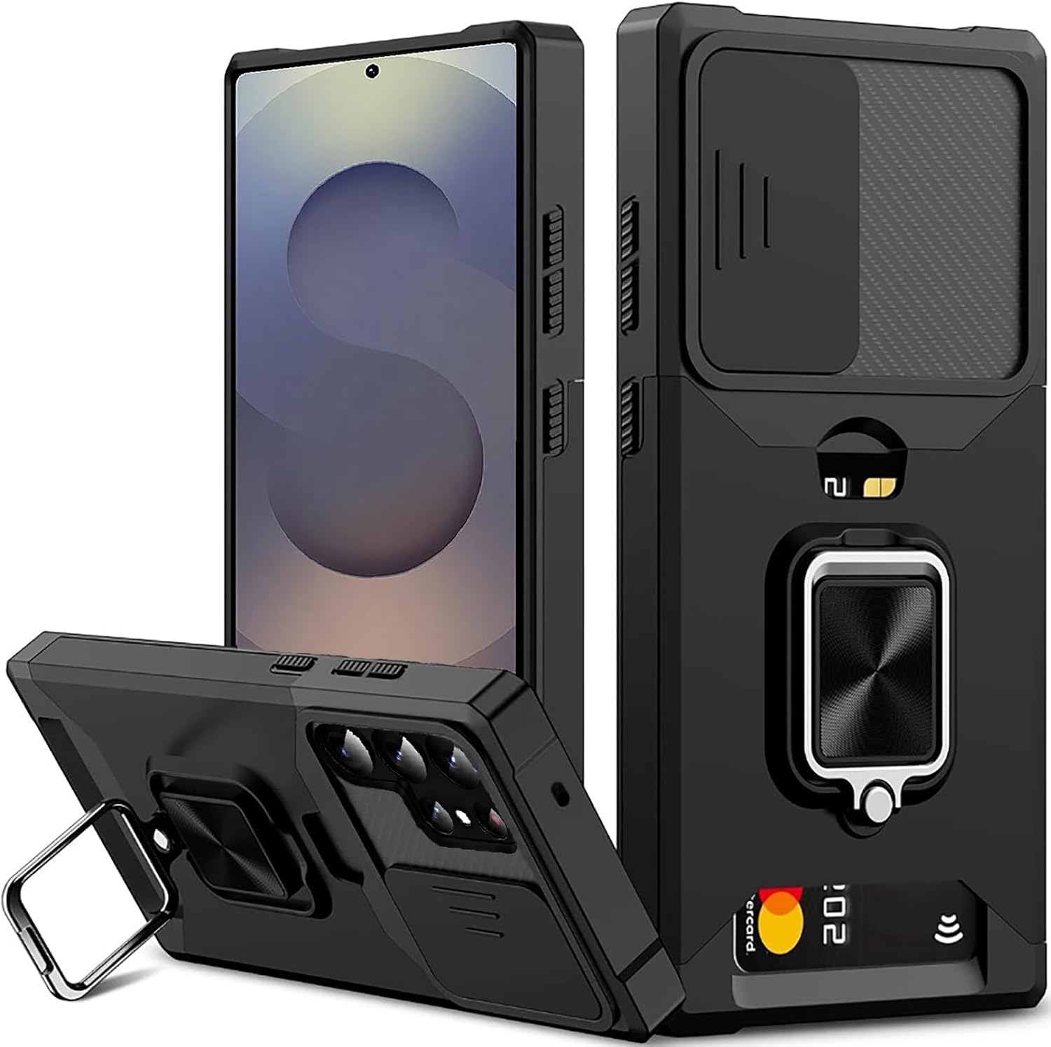 for Samsung Galaxy S25 Ultra Case Phone Cover Slide Camera Cover & Card Holder Slot 360° Ring Kickstand Tough Heavy Duty Defender Armor Shockproof Military Galaxy S25 Ultra Wallet Case