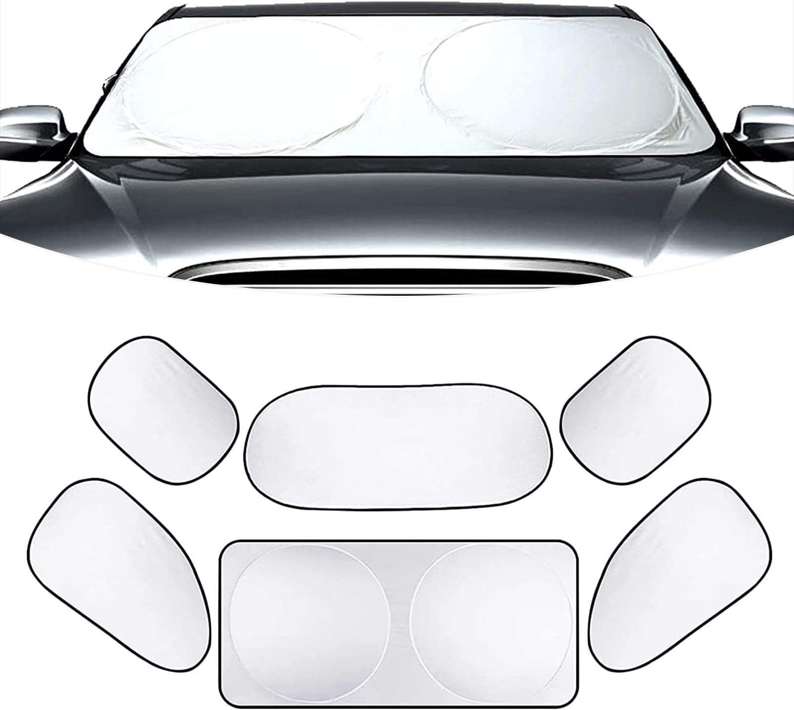 Pack-6 Car Windshield Sun Shade, Side Window Heat Block Hood, Automobile Protective Kit, Universal for Most Cars, Trucks and Vans (Silver), CERZYB1002SI-6PC