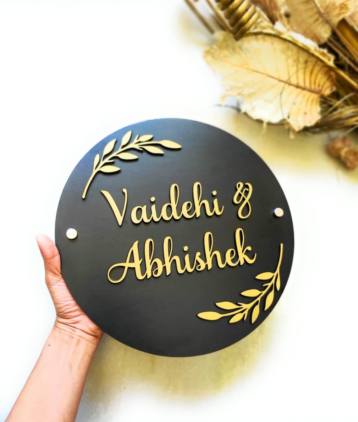 Customized Name or Number Plate for Home, Flats and More | Gold ABS Plastic with Metal Look | Durable with Peel and Paste Board for Easy Installation | Square Design 9x9 Inch (Gold) — Amazon image 13