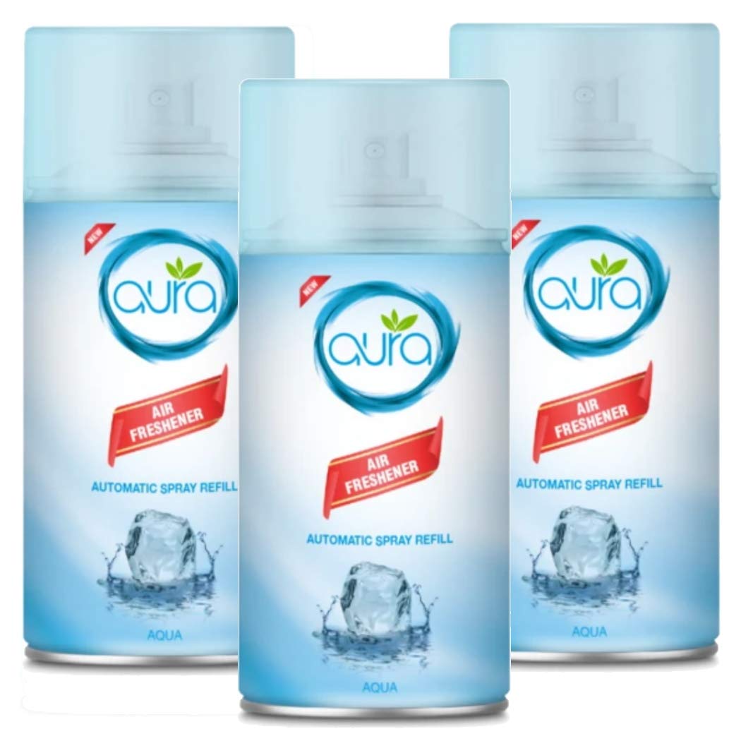 Aura Air Freshener Automatic Spray Refill 250ml Triple Pack - Dry Based Premium Long Lasting Fragrances Designed To Mask & Remove Unpleasant Odors & Refresh Air (Aquatic Aroma)