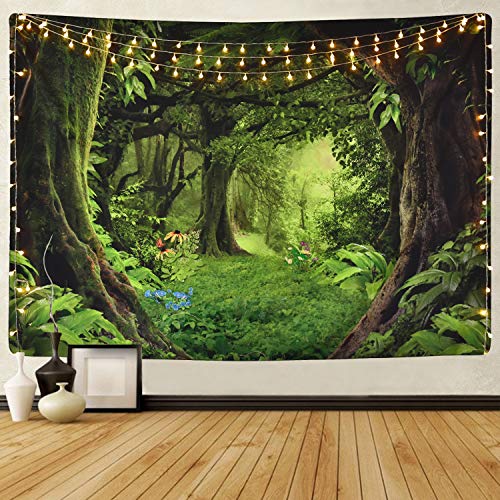 Sevenstars Green Forest Tapestry Virgin Forest and Grass Tapestry Nature Tree Tapestry Wall Hanging for Room