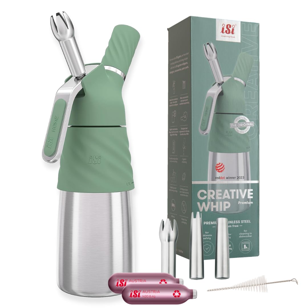 iSi Creative Whip Premium Sahnespender 500ml , Wave Green , aus Edelstahl , inkl. 3 Edelstahltüllen & 2 iSi Sahnekapseln , iSi Sahnespender für Sahne, Dessert & Herzhaftes , Spülmaschinenfest