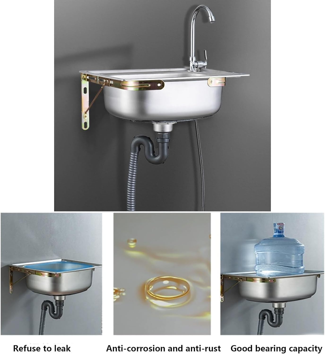 Wall Mounted Sinks with Sink,Stainless Steel Sinks, Freestanding Sinks, Downpipe, Hot and Cold Faucets, Fixing Brackets, Suitable for Kitchen, Laundry, Hotel, Outdoor, Balcony, Workshop