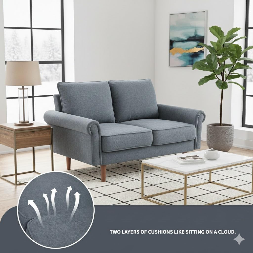 53-Inch Modern Velvet Loveseat Sofa with Rolled Armrests, Removable Cushions, Solid Wood Legs, Comfy Two-Seater Sleeper Couch, Easy Assembly for Living Room, Bedroom, Office, Black (Grey, 2 Seater)