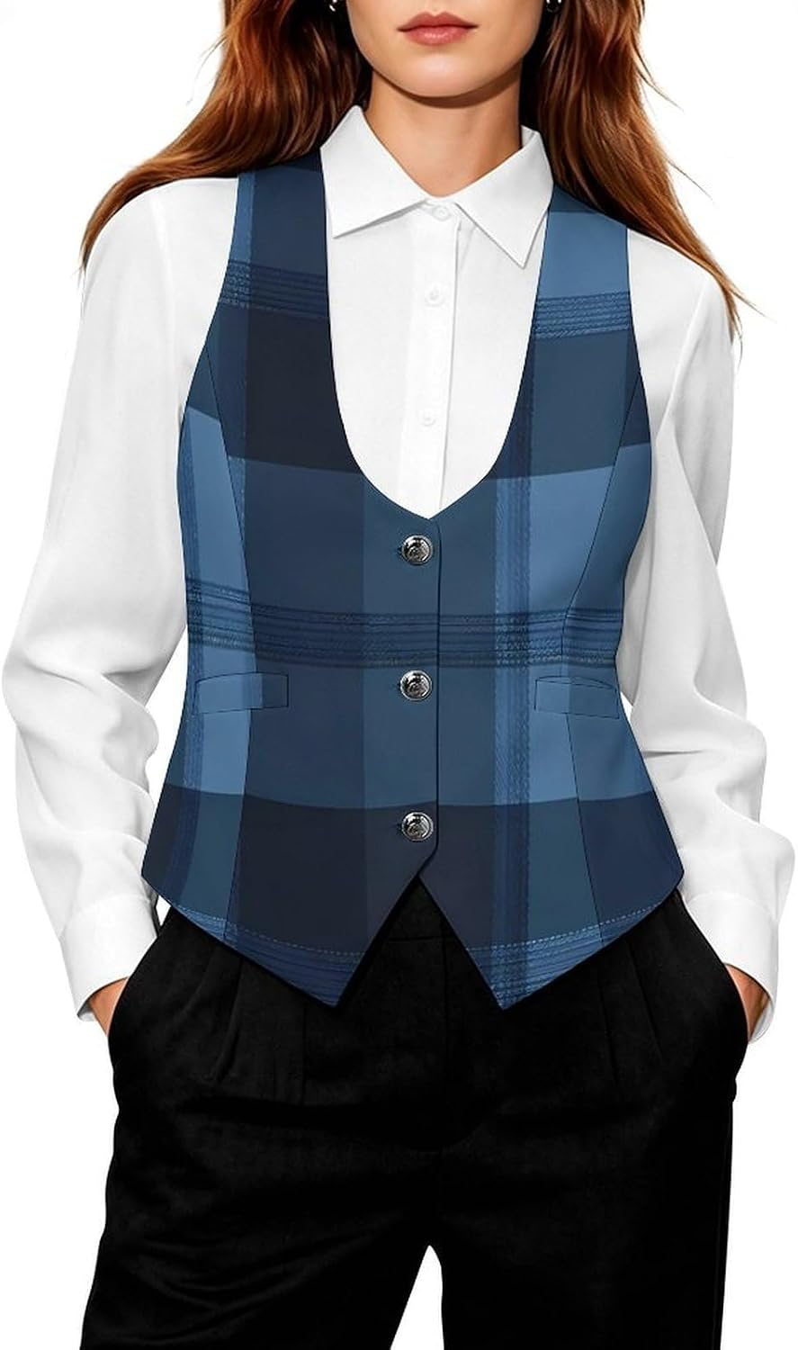 Blue Tartan Plaid Pattern Women's Tuxedo Waistcoat Suit Vest | 3 Button V-Neck Slim Fit Casual Sleeveless Top
