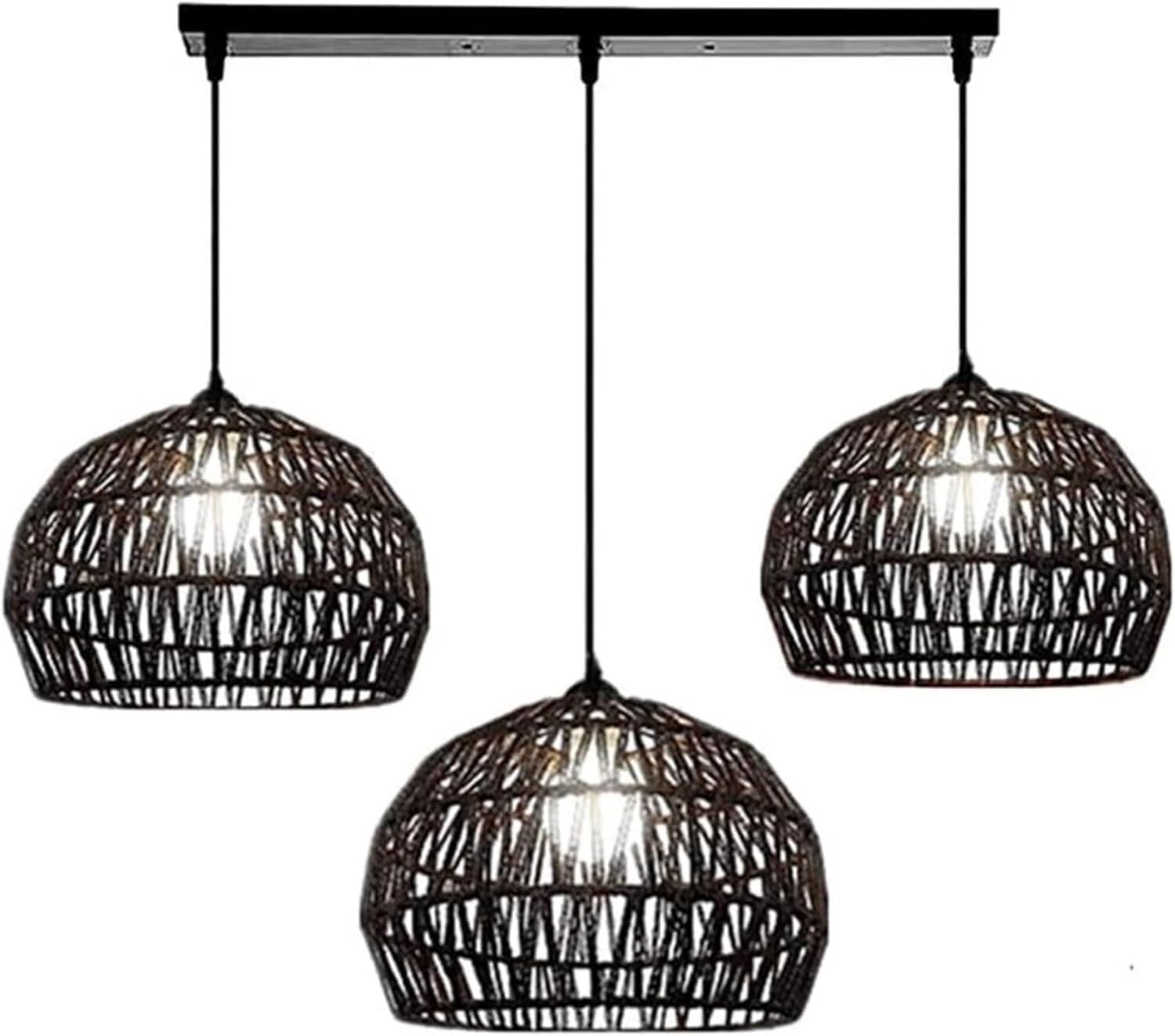 LYMSXAZOU Black Farmhouse Rattan Hanging Lighting Woven Boho 3 Light Pendant Light, Coastal Wicker Chandelier, V-intage Dome Ceiling