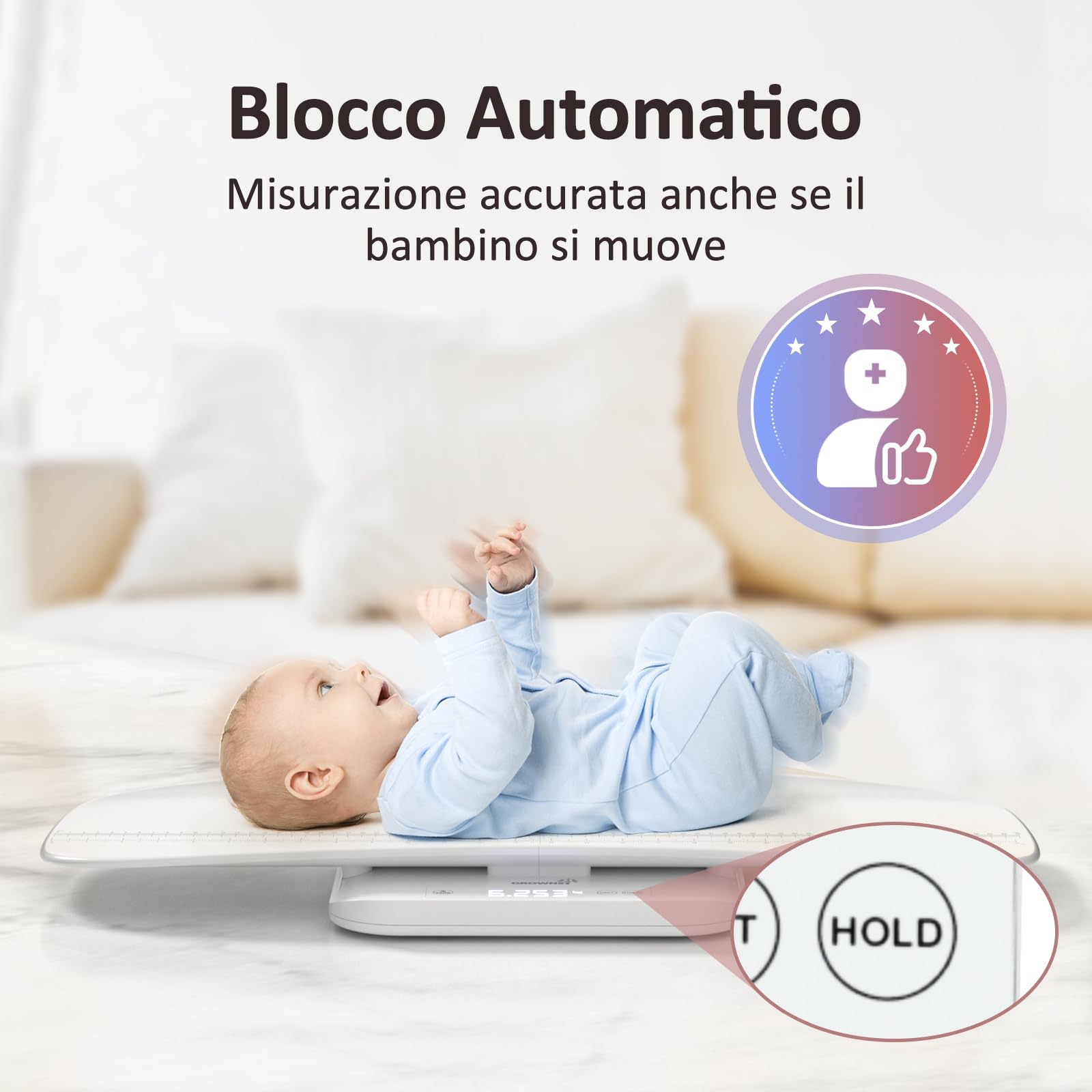 Grownsy Bilancia Neonato Digitale per Neonati, Bambini, Animali Domestici e Adulti Fino a 150 kg, Vassoio Removibile, Display LCD, Funzione Hold, Misurazione Dell'altezza Fino a 70cm, 5 Unità