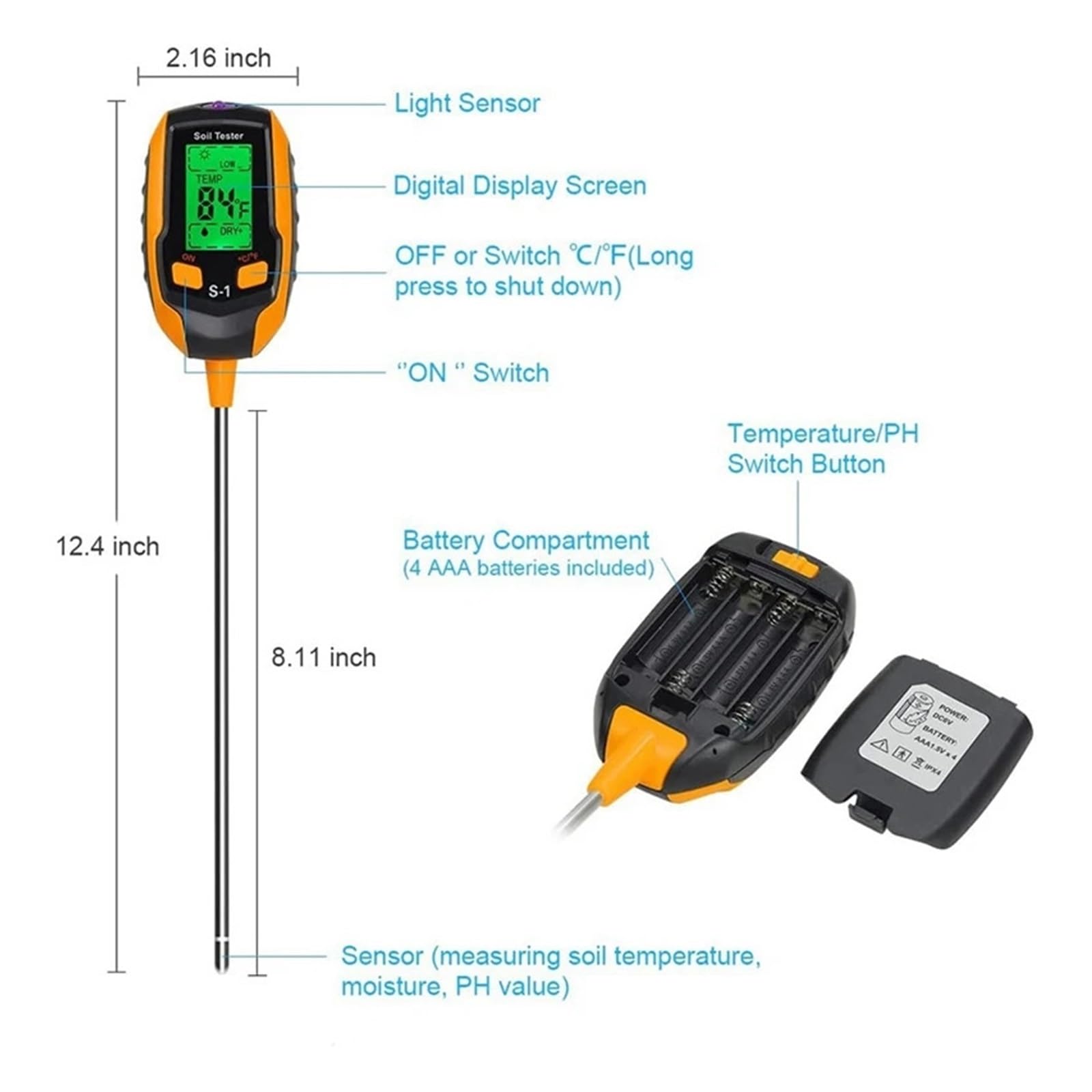 Medidor de humedad del suelo Medidor De PH Del Suelo, Medidor De Humedad Del Suelo 4 En 1, Medidor De Humedad De Plantas Digital Con PH/temperatura/luz, Medidor De Humedad Del Suelo Fiable y Preciso