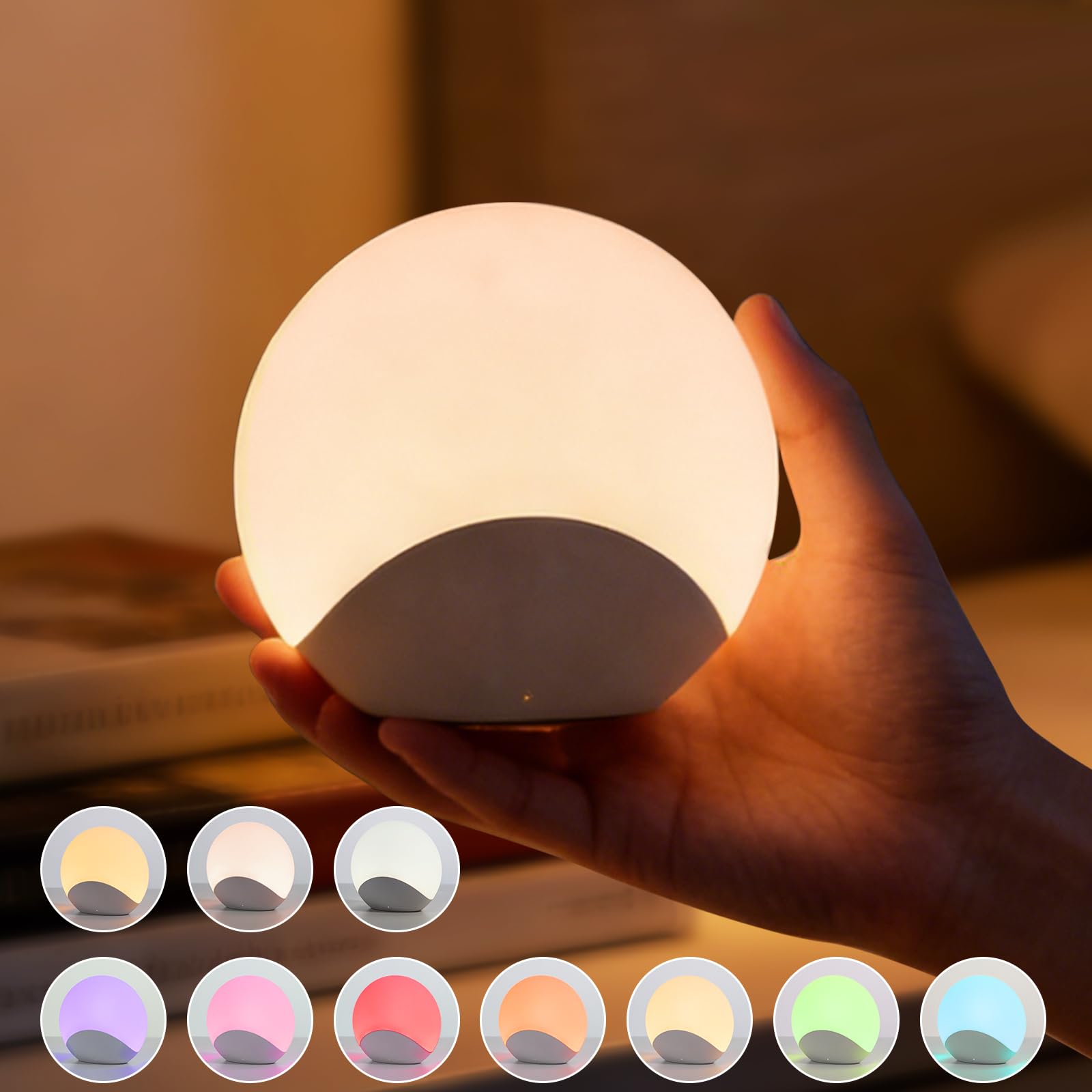Luce notturna morbida con 8 cambi di colore e timer, intensità regolabile con semplice tocco, lampada da comodino a LED RGB ricaricabile per la cameretta dei bambini, senza BPA e rispettosa