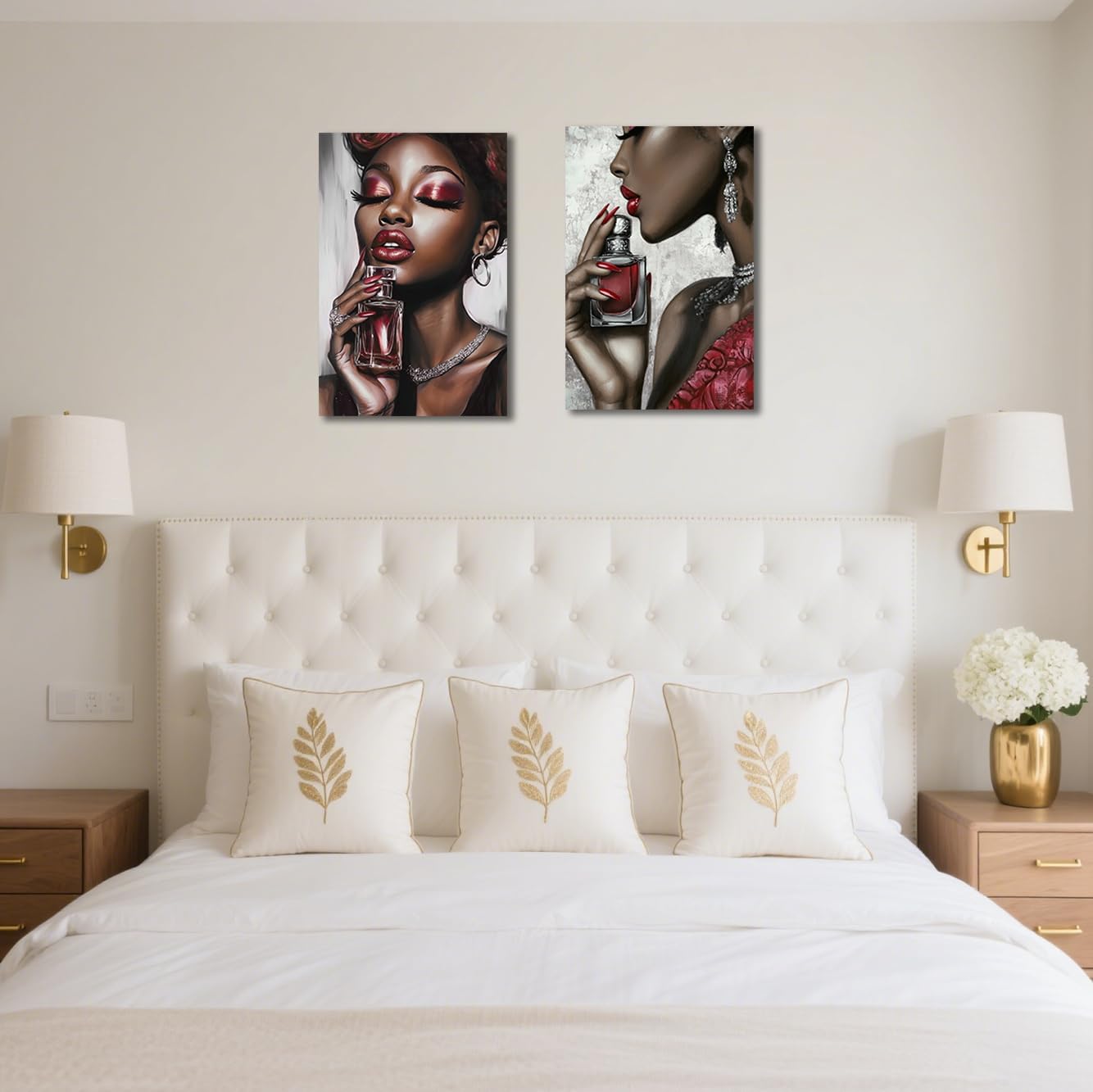 BJYCHG African American Woman Painting 2 Piece Black Women with Perfume Picture Fashion Black Girl Portrait Canvas Print for Girl's Room Decor Framed (Red, 11x14inchx2 Pieces)