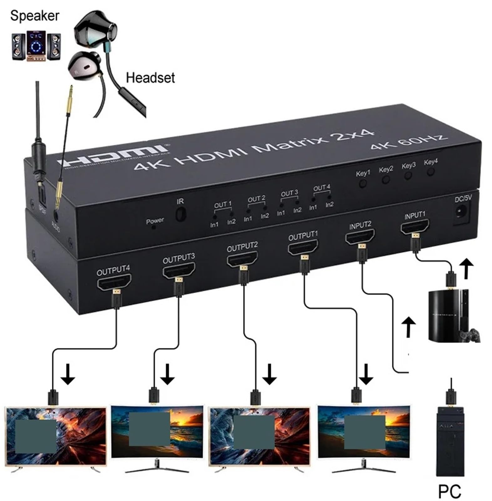 4K 60Hz HDMI Matrix 2x4 2 en 4 salidas HDMI Switch Splitter con extractor de audio 1080p convertidor de video 2 3 4 pantalla monitor pantalla (enchufe de la UE)
